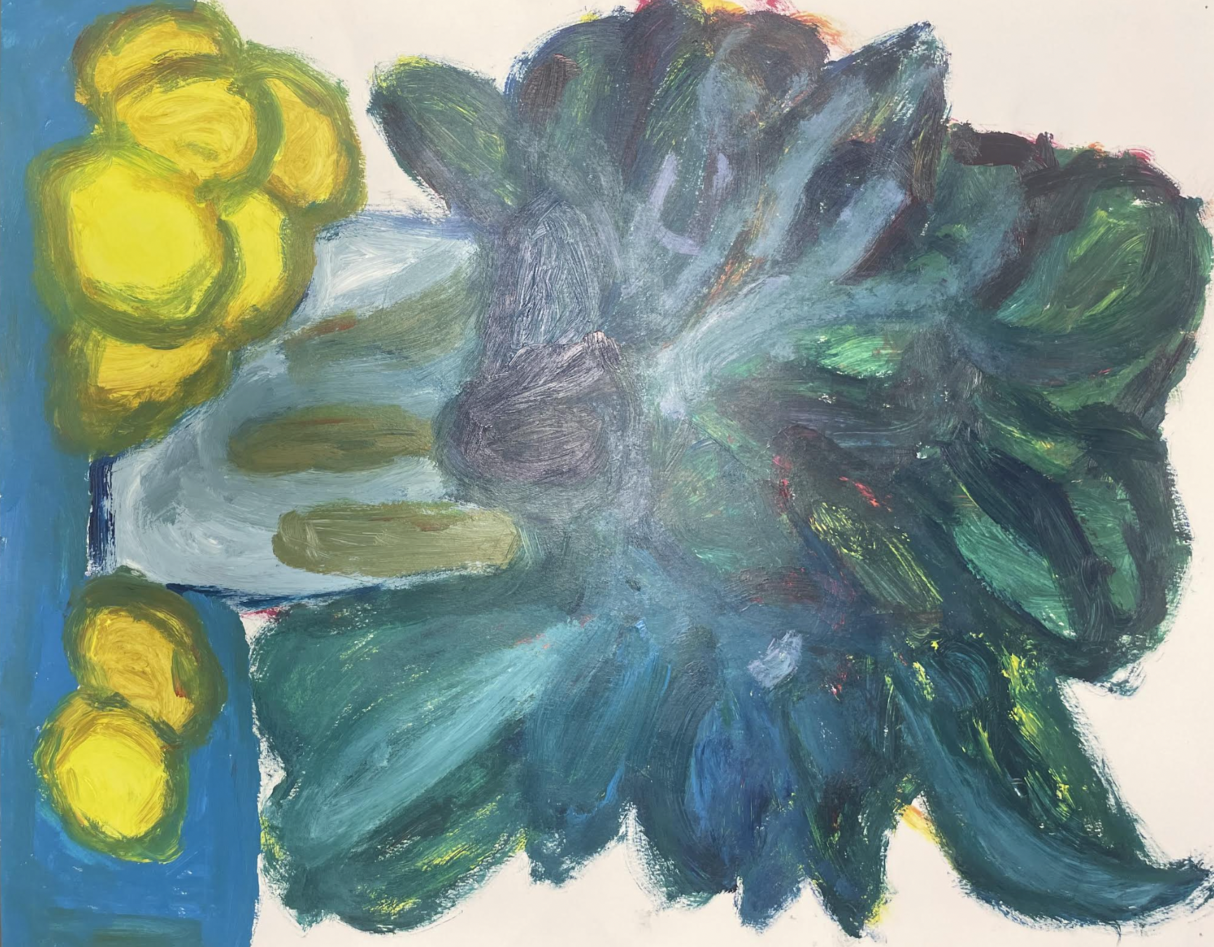An acrylic painting of a large teal and green bloom opening across the canvas, with yellow flowers on a blue band at the left