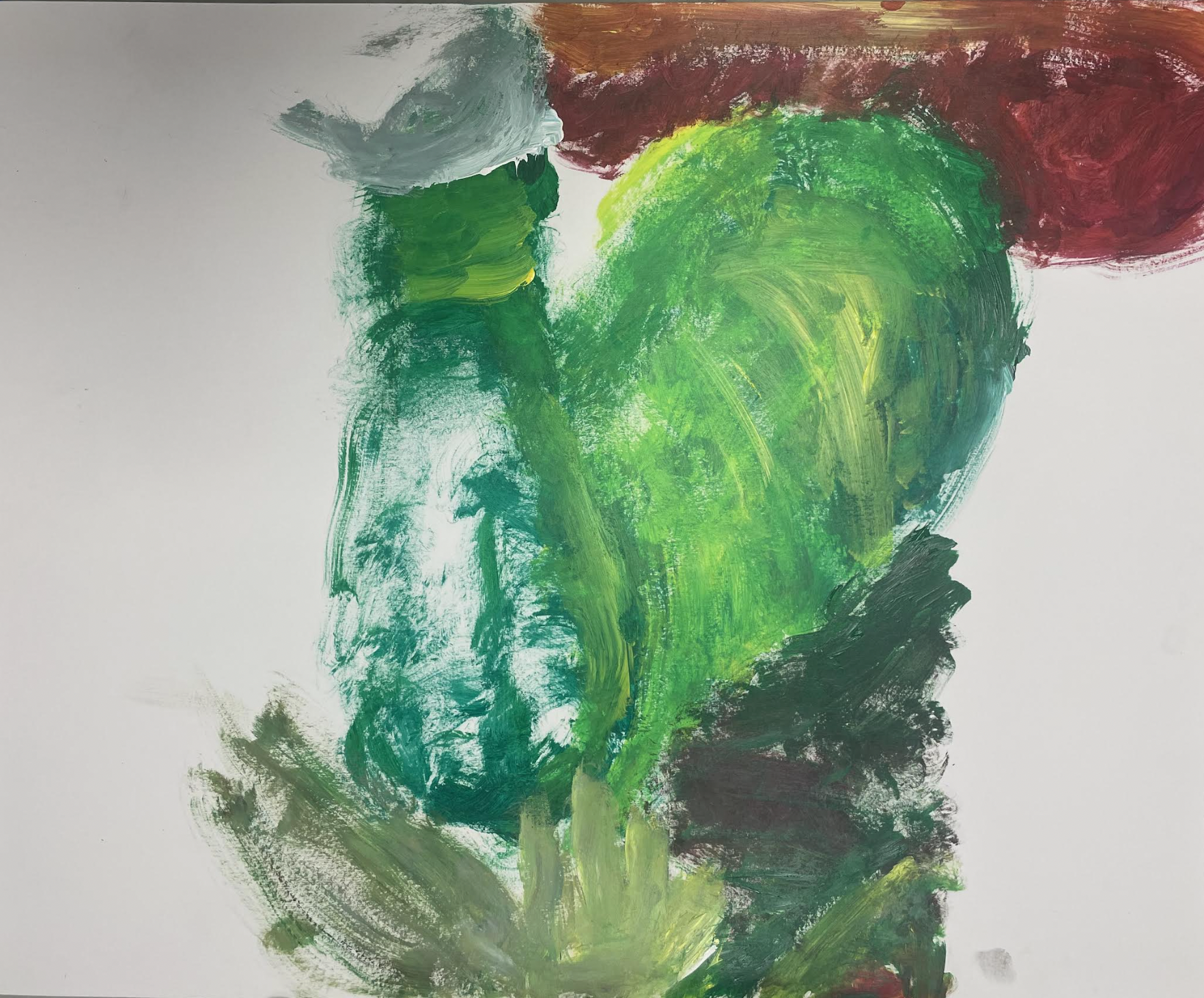 An acrylic painting of layered green forms rising against a white ground, under a band of red-brown