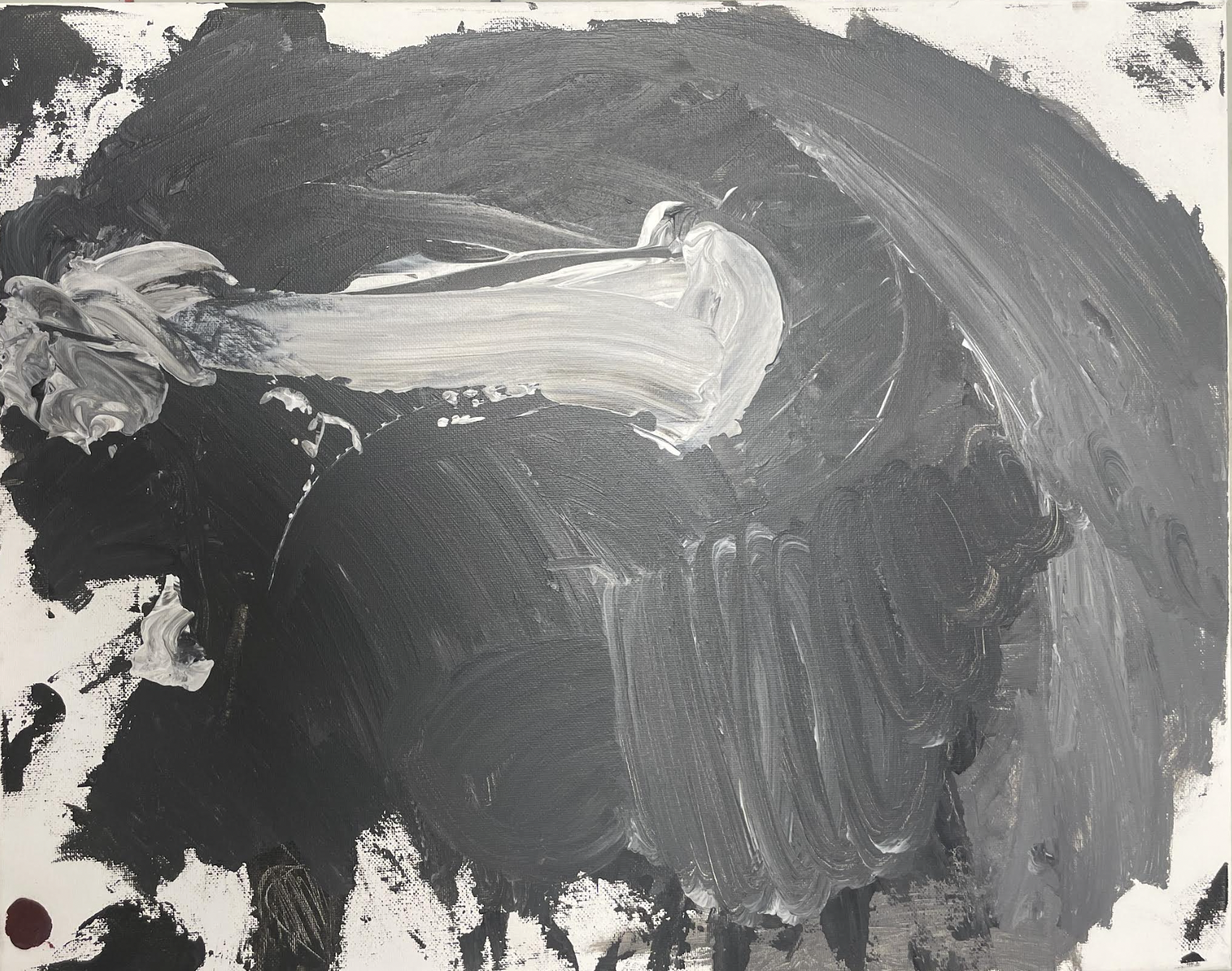 A black and white acrylic painting, a thick pale stroke curving out of a dark mass like the head and beak of a bird