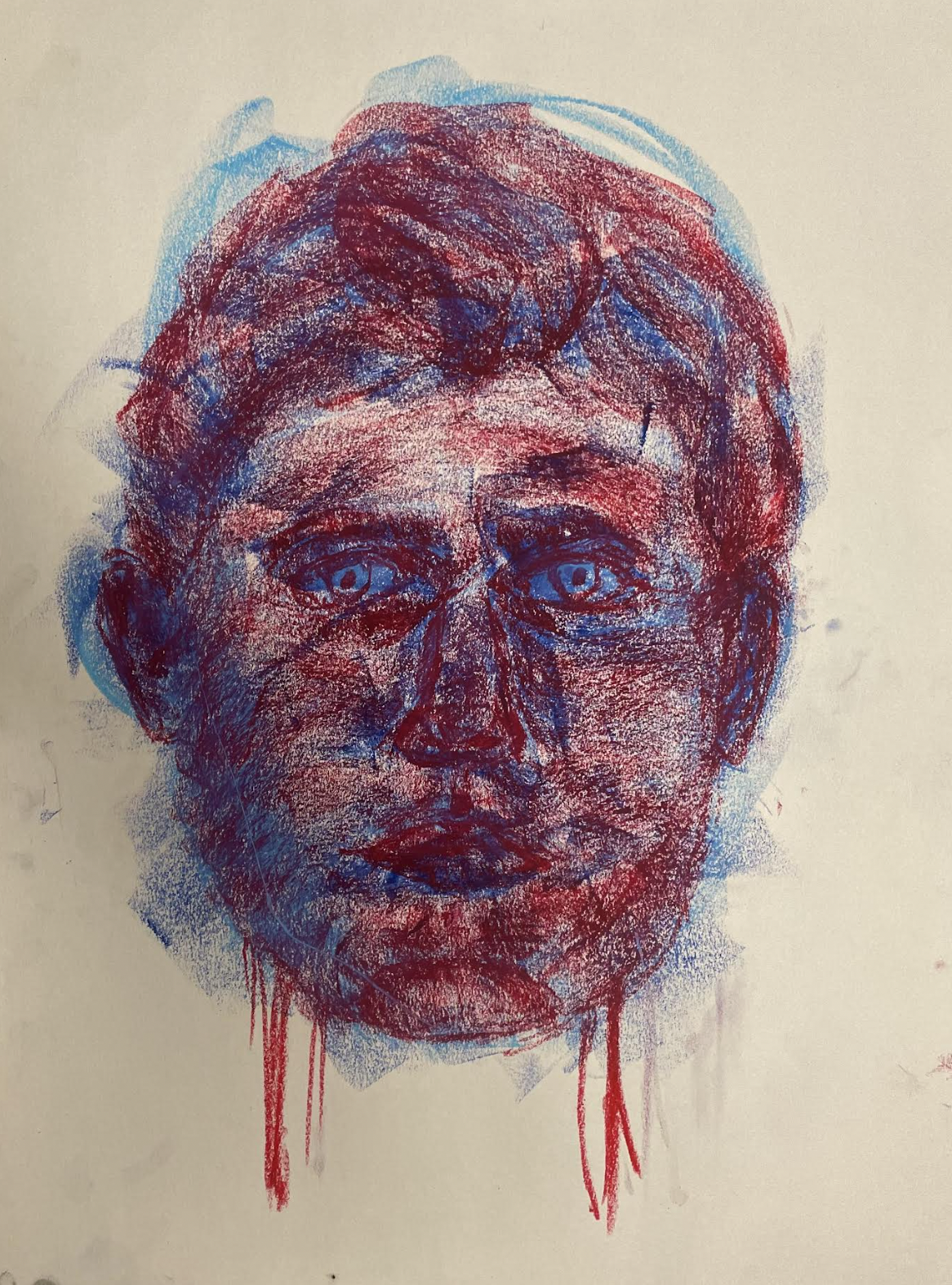 A crayon portrait of a face worked in deep red and blue, with pigment running down from the chin