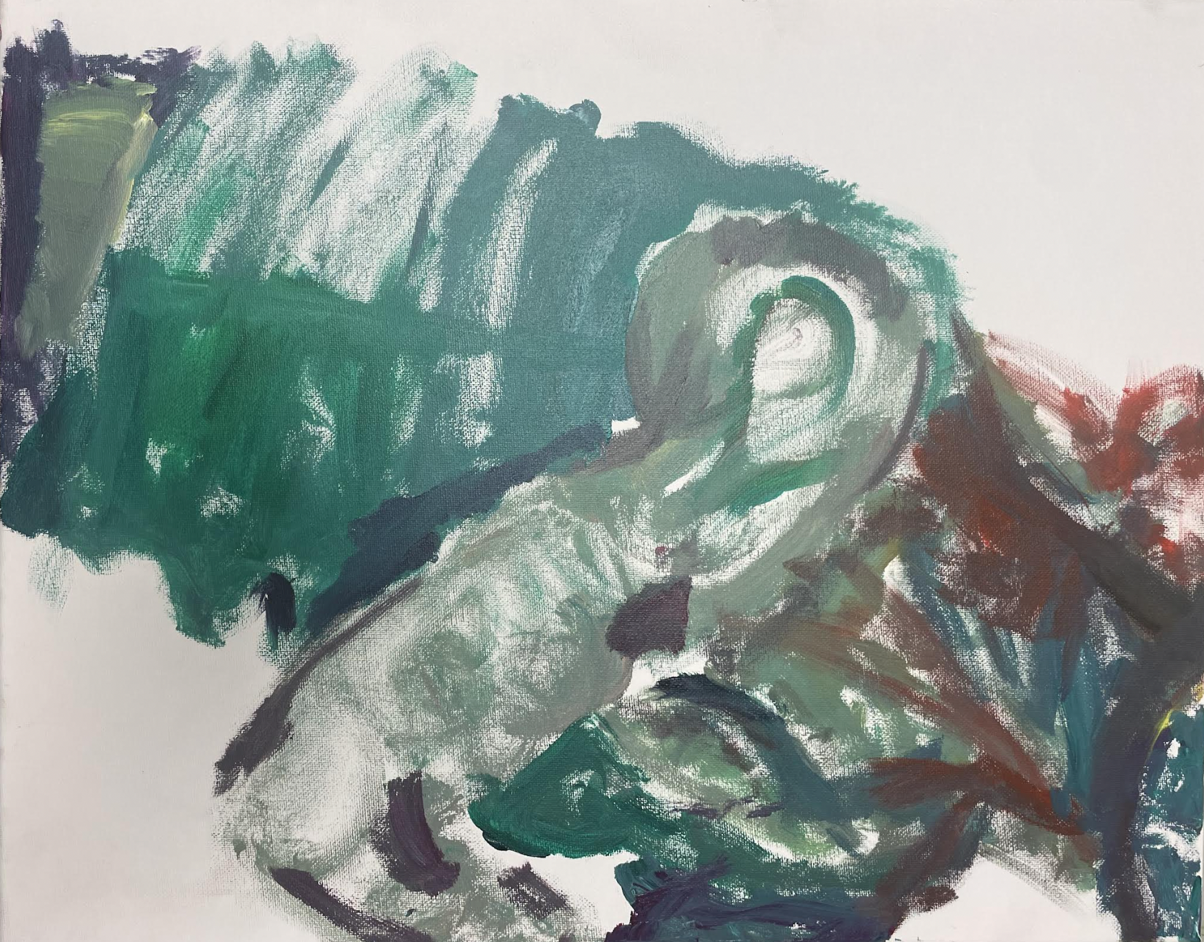 An acrylic painting of green and grey forms with a pale spiral turning at its centre